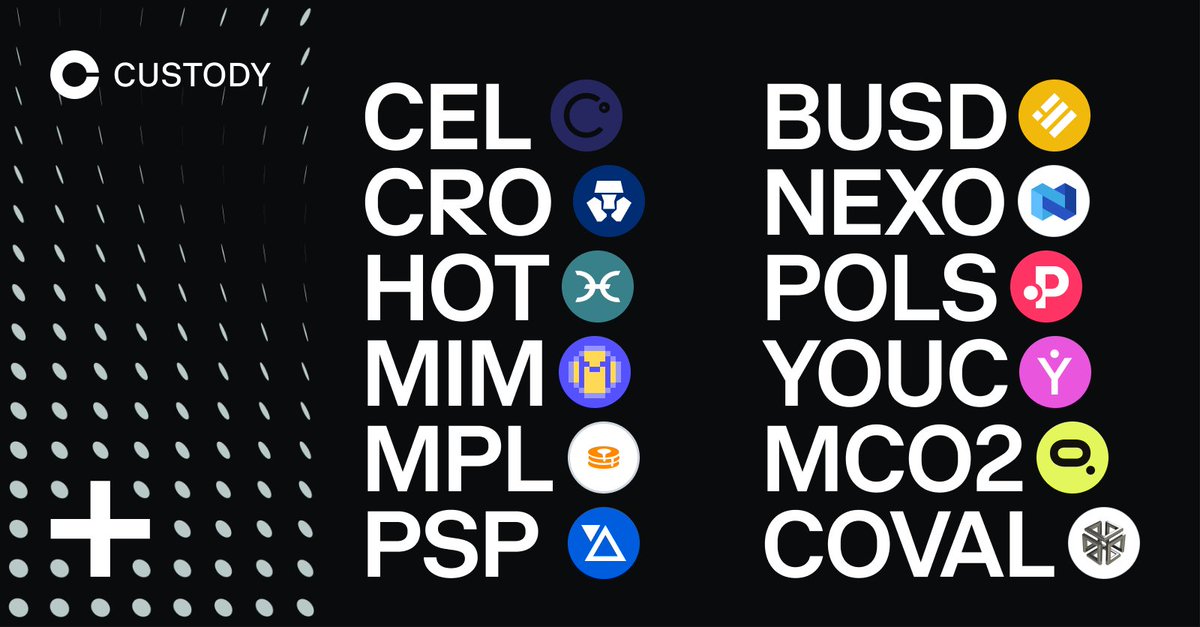 Coinbase Assets 🛡️ (@coinbaseassets) on Twitter photo Coinbase Custody now supports deposits and withdrawals for $CEL, $CRO, $HOT, $MIM, $MPL, $PSP, $BUSD, $NEXO, $POLS, $YOUC, $MCO2 and $COVAL. 
Details here → custody.coinbase.com/assets Coinbase Custody now supports deposits and withdrawals for $CEL, $CRO, $HOT, $MIM, $MPL, $PSP, $BUSD, $NEXO, $POLS, $YOUC, $MCO2 and $COVAL. 
Details here → custody.coinbase.com/assets