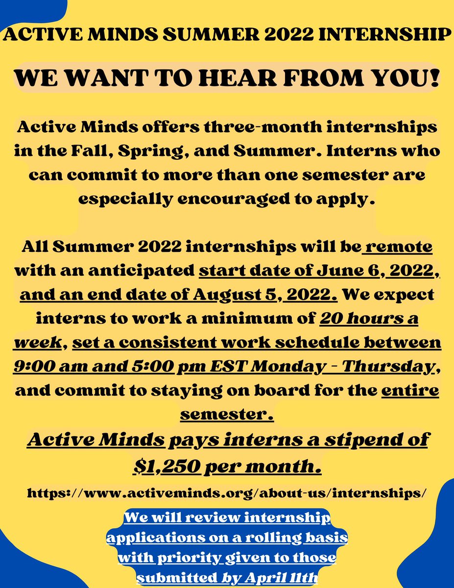 activemindsncat's tweet photo. Active Minds Summer 2022 Internship!! 

▶️Active Minds offers 3-month internships in the Fall, Spring, and Summer. Interns who can commit to more than one semester are especially encouraged to apply.

▶️Geared towards current college students and recent college graduates. https://t.co/9fVxFI97uM