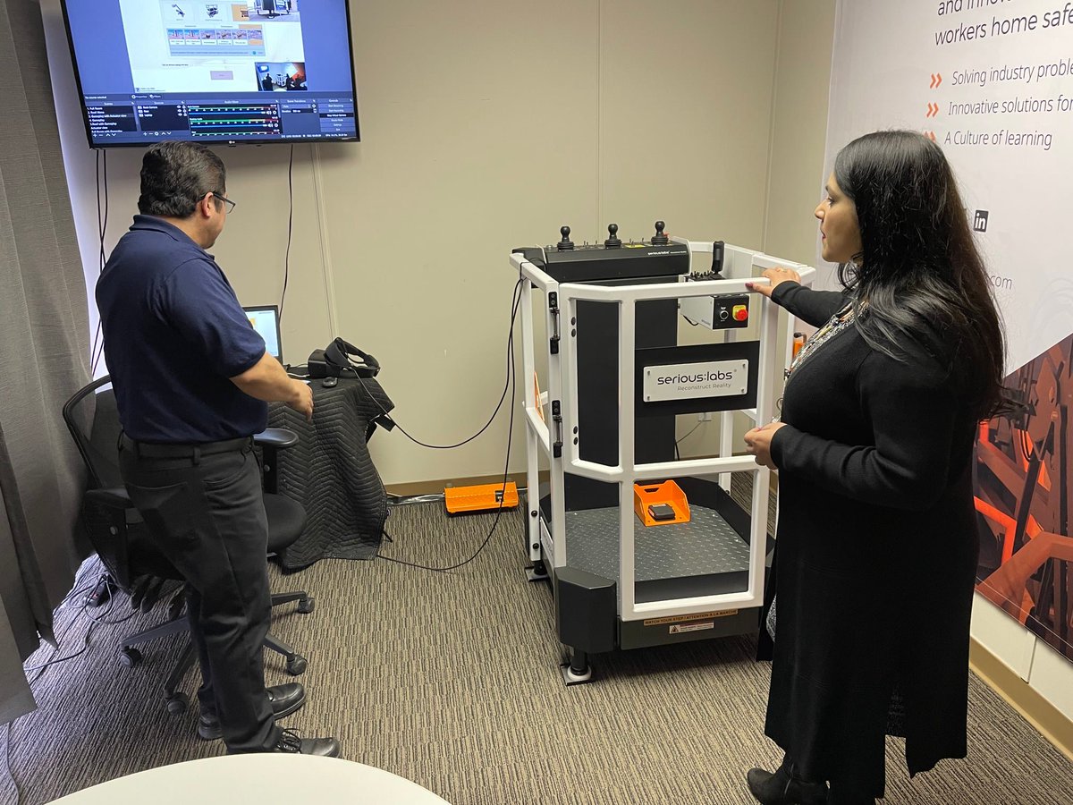 RajanJSaw's tweet photo. Toured site of @SeriousLabs  who, in partnership with @AMTA_ca &amp; @ABTransComm are working to bring virtual reality simulation technology to the transportation sector. Very impressive technology, and my first crack at operating a boom lift went pretty well! #ableg https://t.co/Sfaz0YXjJU