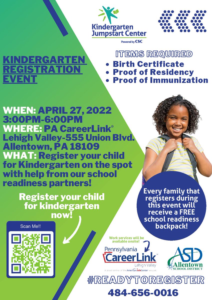 cscinc_org's tweet photo. We will be out in the community helping families register their children for kindergarten in the @AllentownSD! 

Every family that registers their child for kindergarten during one of the events will receive a FREE school readiness bag! 

Event details below! 
#ReadyToRegister https://t.co/NJCywu6JfW