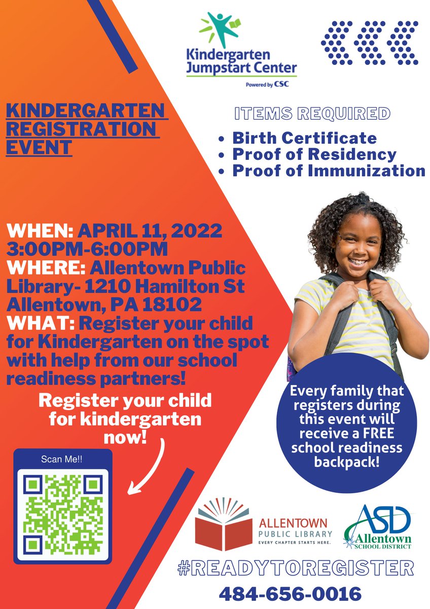 cscinc_org's tweet photo. We will be out in the community helping families register their children for kindergarten in the @AllentownSD! 

Every family that registers their child for kindergarten during one of the events will receive a FREE school readiness bag! 

Event details below! 
#ReadyToRegister https://t.co/NJCywu6JfW