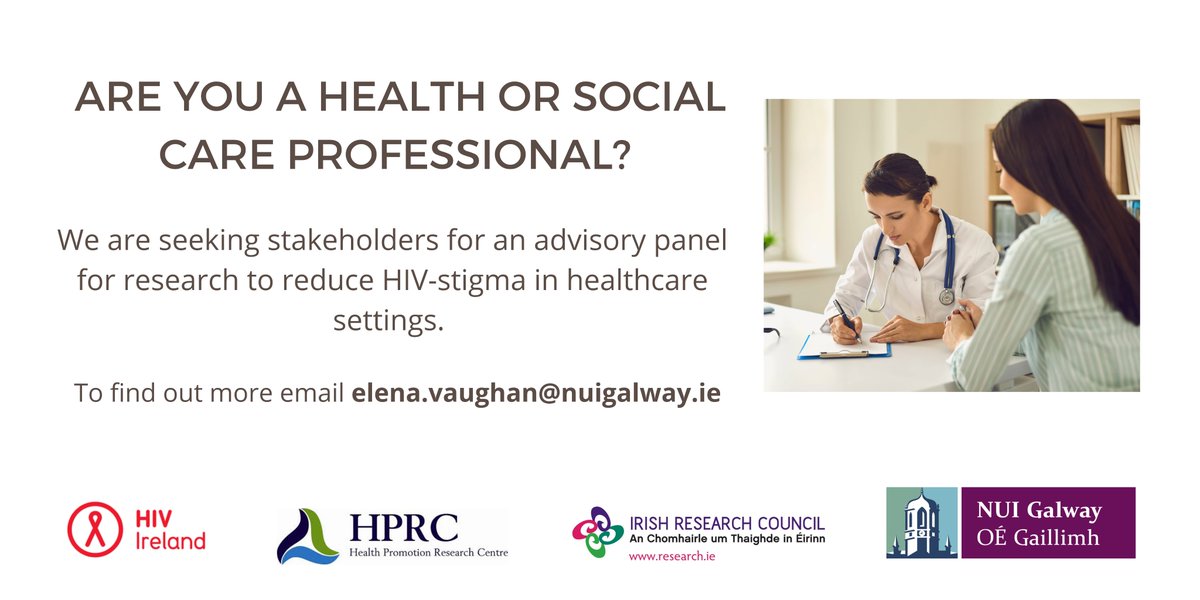 Irish Health &amp; Med Twitter! 

We are seeking health and social care professionals for a stakeholder panel to advise on a project to reduce HIV-related stigma in healthcare settings. Especially looking for clinicians to take part. Please RT!  

#LoveIrishResearch