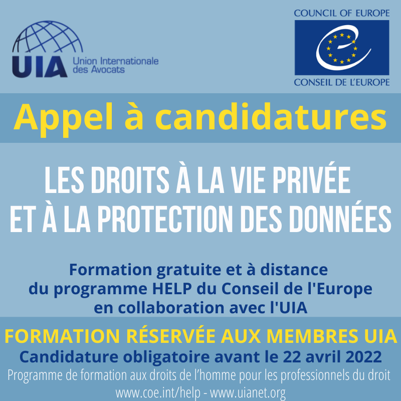 Le Programme du <a href="/coe/">Council of Europe</a> de formation <a href="/CoEHELP/">Council of Europe HELP Programme</a>, lance avec l'UIA, une formation sur la #vieprivée et la #protectiondesdonnées.  
Vous êtes membre UIA et intéressé(e)? Soumettez CV + lettre de motivation avant le 22 avril 2022.   
bit.ly/UIAHELP2022
 #dataprotection #RGPD