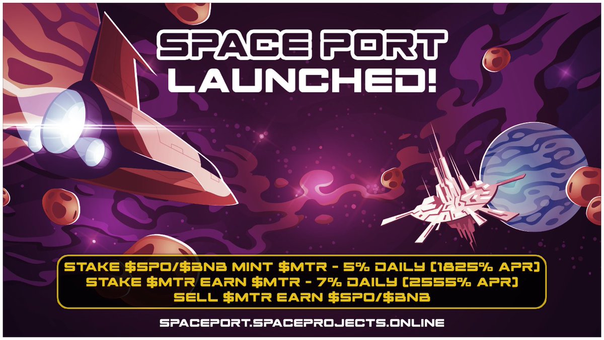 SpaceEcoSystem's tweet image. 🧑‍🚀Space Port (Layer 2) was launched successfully!

💻Website:
spaceport.spaceprojects.online

➡️Stake SPO/BNB &amp;amp; mint $MTR
5% daily - 1825% APR

➡️Stake $MTR &amp;amp; earn a $MTR
7% daily - 2555% APR

➡️Sell $MTR &amp;amp; earn SPO/BNB

#Crypto #Cryptocurrency #DeFi #DApp #Staking #Bitcoin #BTC $SPO