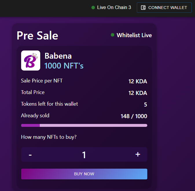 Whitelist sale is live: babena.art

🔥 Kadena/Babena Merch T-shirt giveaway for 30 WL users from shop.babena.io 
🔥<a href="/KittyKadToken/">$KittyKad</a>  nft for first 200 kadena wallets who buy babena #nft on presale

Tomorrow public sale 4pm UTC 
#babena #nfts #kadena #kda $kda
