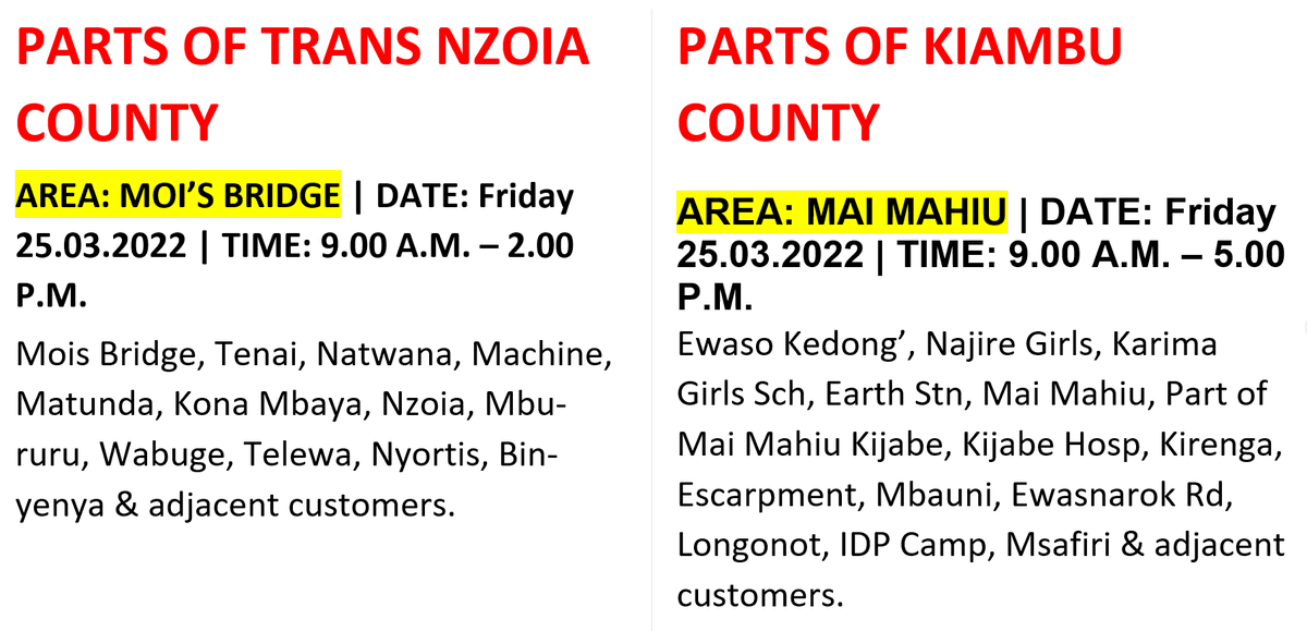 KenyaPower_Care's tweet photo. Good Evening. The following areas will be on scheduled maintenance on Friday 25th March, 2022. ^MW https://t.co/isSo0kGSDO