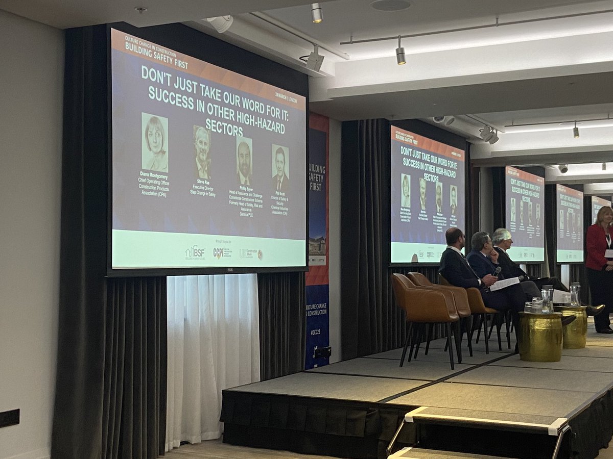 “Leadership and culture change are a learning experience - don’t lay blame - don’t expect it to happen overnight” learning from other high hazard sectors at Building Safety First #ccc2022 #buildingsafetyfirst <a href="/UK_CW/">UK Construction Week</a> <a href="/BSFCharter/">Building a Safer Future</a> <a href="/CPA_Tweets/">Construction Products Association</a>