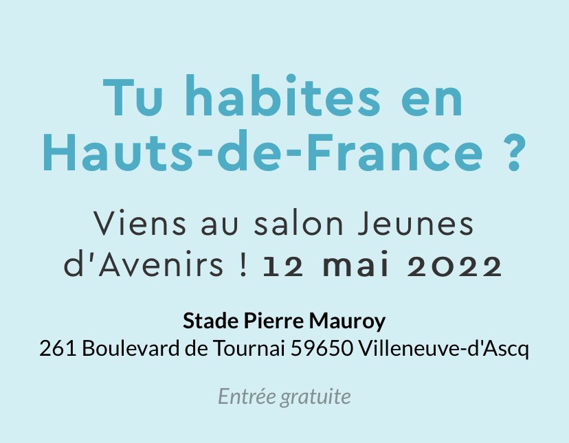 Si tu as moins de 30 ans et que tu recherches un emploi ou une formation, le salon <a href="/JeunesdAvenirs/">Jeunes d'Avenirs</a> et @poleemploi_HDF te proposeront de nombreuses solutions le 12 mai <a href="/StadePM/">Stade Pierre Mauroy</a>. Save the date !
