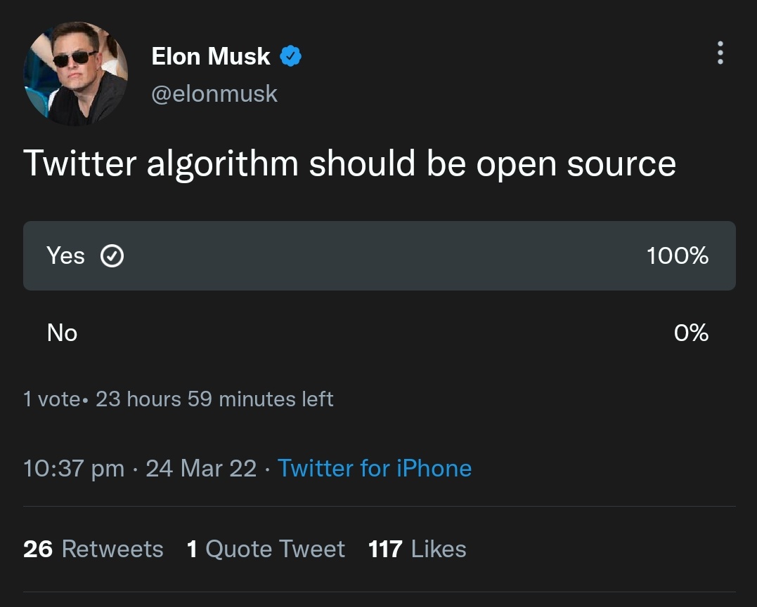 Elon Musk on Twitter: "Twitter algorithm should be open source" / Twitter