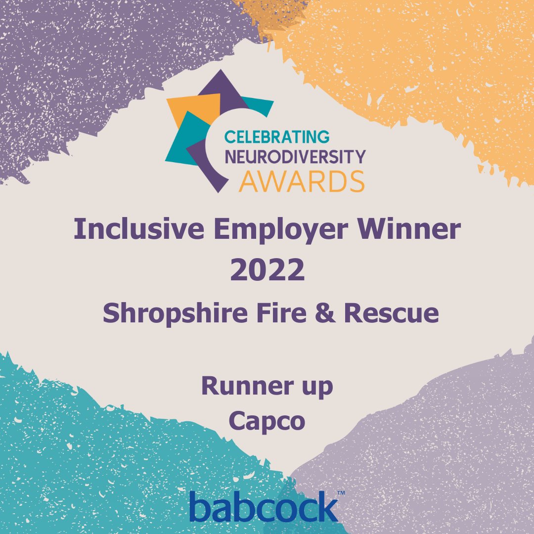 And the award for #InclusiveEmployer 2022 goes to...

Winner: Shropshire Fire & Rescue @shropsfire 

Runner up:  @Capco 

Congratulations 🙌💜🥳 and thanks to Babcock International Group

#CelebratingNeurodiversityAwards #NCWeek #Neurokin #Neurodiversity