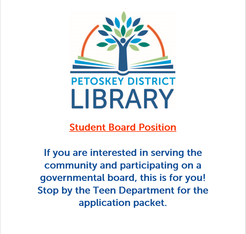 PetoskeyLibrary's tweet photo. Teens!
PDL's Board of Trustees is looking to fill a student trustee position! If you are interested in serving your community and learning how a governmental board works, then come to the teen desk at the library and pick up an application! https://t.co/KVLqk5uetS