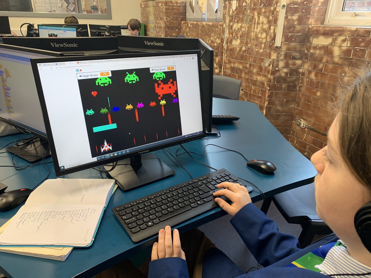 MaidaValeComp's tweet photo. A space invaders game developed in #Scratch by one of our Pupils and played by the rest of his classmates, so much fun😊 #MVS #MVScomputing #MVScomputerscience https://t.co/j7IcRKhXZX