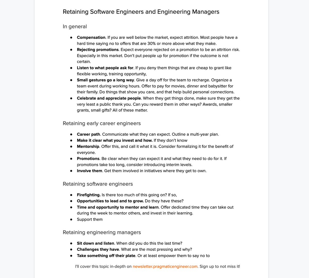 How do you retain software engineers and engineering managers? An especially timely question right now.

Here are some approaches. How else have you successfully retained people on your team, or seen others do this?