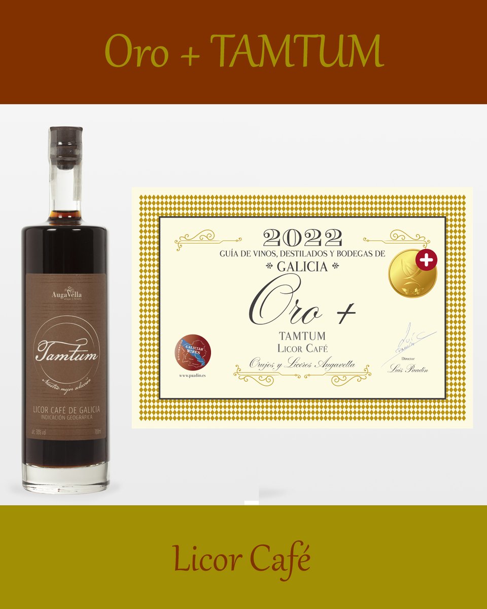 Augavella's tweet photo. El otro de nuestros premios oro +, fue otorgado a nuestro Licor Café #TAMTUM 

Visita nuestra web, y adquiere tu botella de licor café valorada en medalla de oro + 🥃🟡

#Augavella #Orujos #Licores #Galicia #Premios2022 https://t.co/fh1NCr2WJC