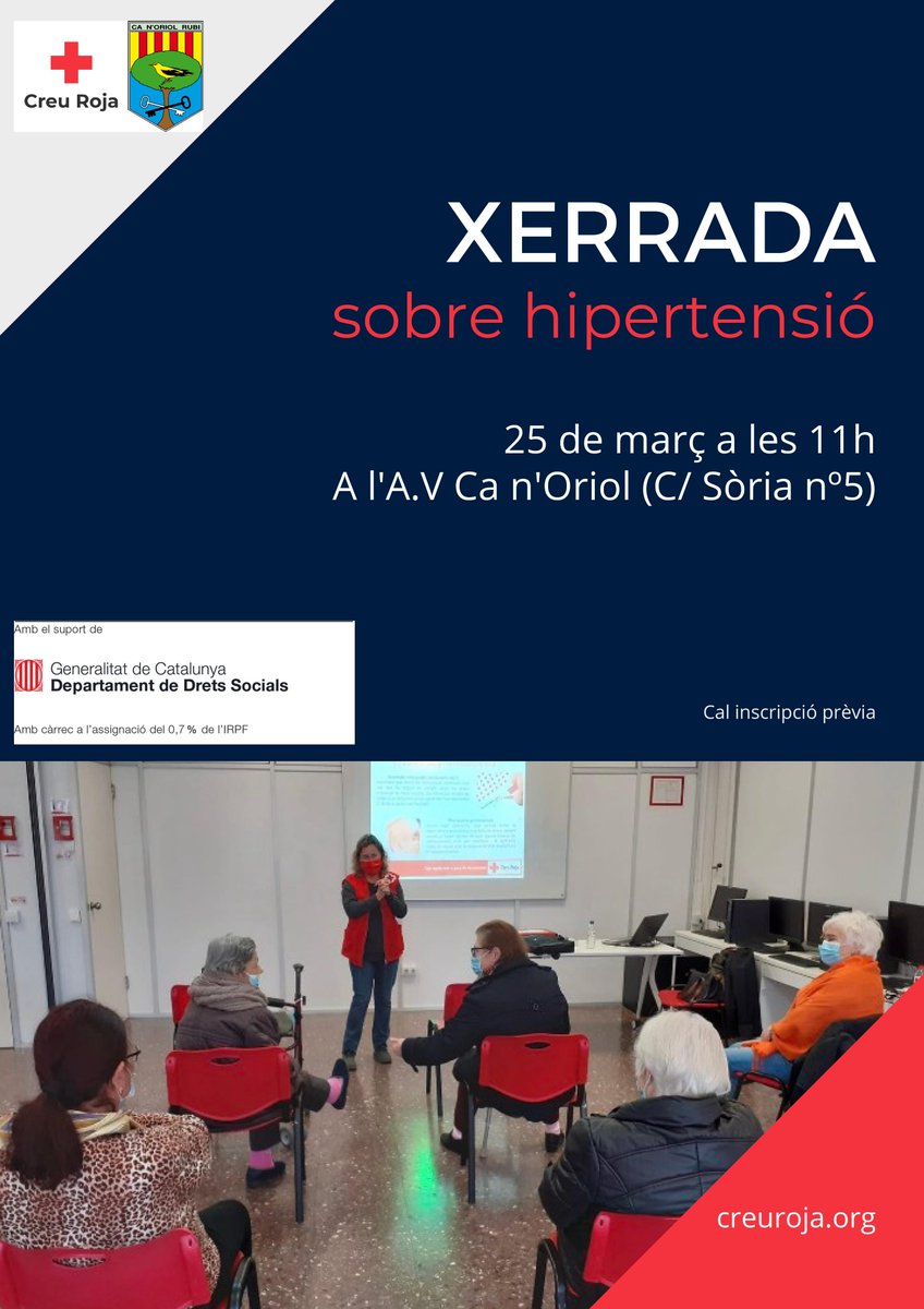 Xerrada sobre la HIPERTENSION
25 DE MARÇ A LES 11:00
VINE A INFORMAR-TE!

#rubi <a href="/creurojacat/">Creu Roja Catalunya</a>
 #informativo #hipertension #xerrada #canoriolrubi #canoriolderubi #canoriolrubí #canoriol #charlas #charla #rubicanoriol #rubibarcelona #barcelonarubi #barcelona