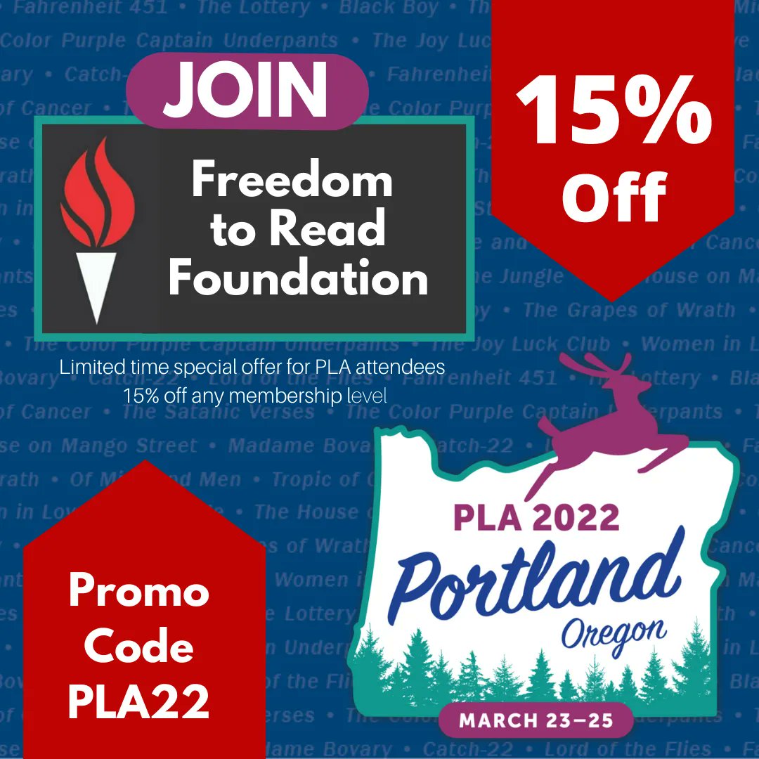 FTRF's tweet photo. Now is the time. Don't miss this opportunity to join #FTRF. All #PLA2022 attendees can join and save 15% on their membership. A personal membership would be $30. Use the promo code PLA22. #FreePeopleReadFreely #Freadom https://t.co/oIMsUbnGri https://t.co/lDZOq3sbnd