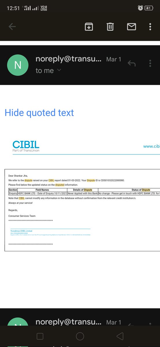 प्रिय, @RBIsays तथा @RBI मैने पिछले एक महिनें पहले मैंने सिबिल इनक्वायरी को लेकर @HDFC_Bank और @HDFCBank_Cares को गलत इनक्वायरी को हटाने के लिए मेल और ट्वीट किया था, साथ हीं साथ सिबिल के वेबसाइट से डिस्प्यूट रेस किया था लेकिन 1 माह बीतने के बाद भी मेरी कोई सहायता नहीं हो पाई है