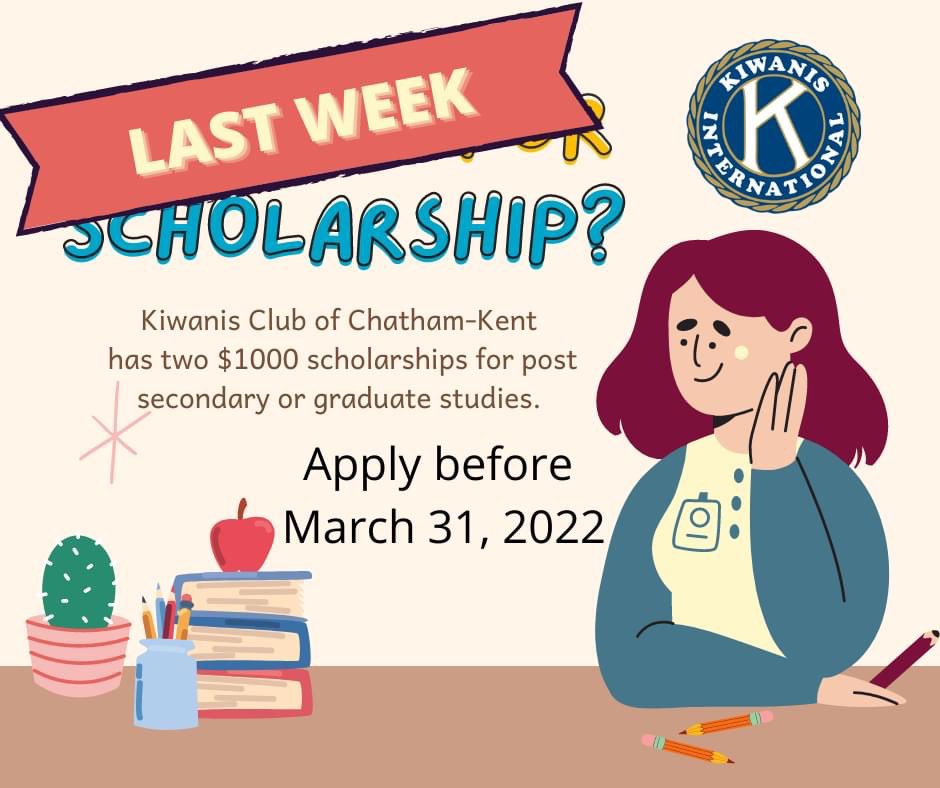 Time is running out to submit your scholarship application!
Get your application form here: chatham-kentkiwanis.com/scholarships