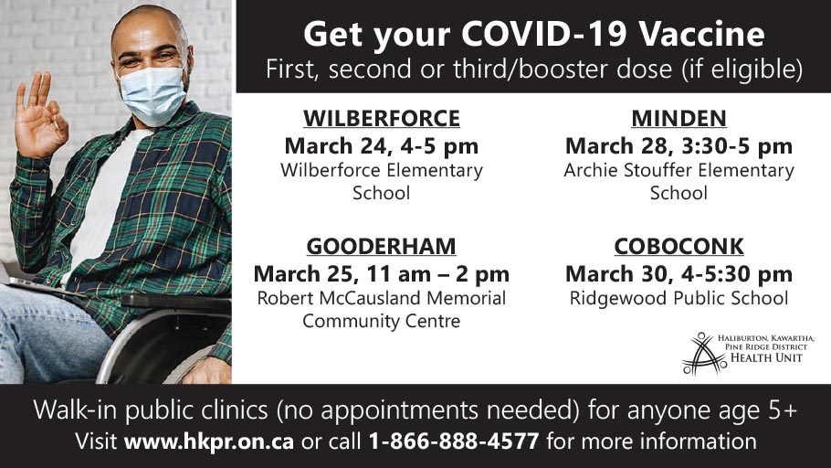 Hey <a href="/HaliburtonCty/">Haliburton County</a> join us at 
☝️ Wilberforce Elementary School today from 4-5pm or,
✌️ Gooderham Robert McCausland Memorial Community Centre tomorrow from 11am-2pm 
To get your first, second or booster dose of a COVID-19 vaccine. #HKPR #Haliburton