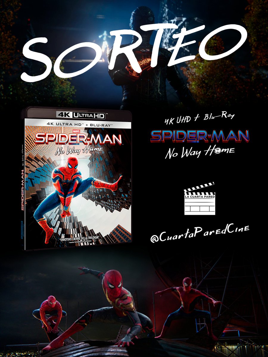 #SORTEO de una edición 4K UHD + Blu-Ray de #SpiderManNoWayHome.

Para participar:

1️⃣ Sigue a <a href="/CuartaParedCine/">la cuarta pared</a>.
2️⃣ Haz RT a este tweet.
3️⃣ Menciona (@) a un/a amigo/a.

Ganador/a el 07/04/22. ¡Mucha suerte!

ℹ️ Solo válido para España peninsular.