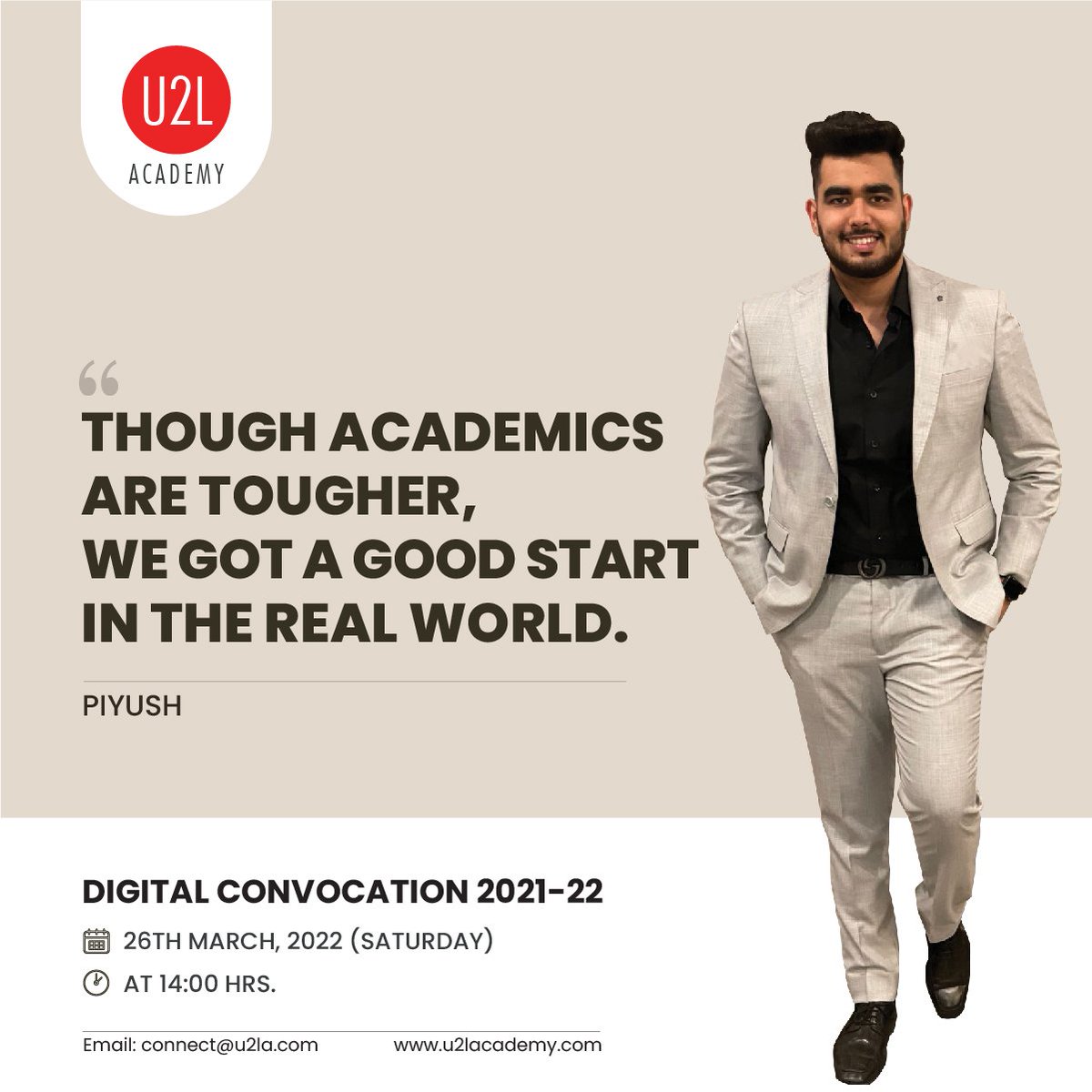 U2LAcademy's tweet photo. "Though academics are tougher, we got a good start in the real world"
U2L Academy - Digital Convocation Ceremony 2021-22.

Please do register and be a part of the event.
https://t.co/3Crib8Iu3s
#career #HR #opportunity #internship #convocation https://t.co/EGlS4kqh0v