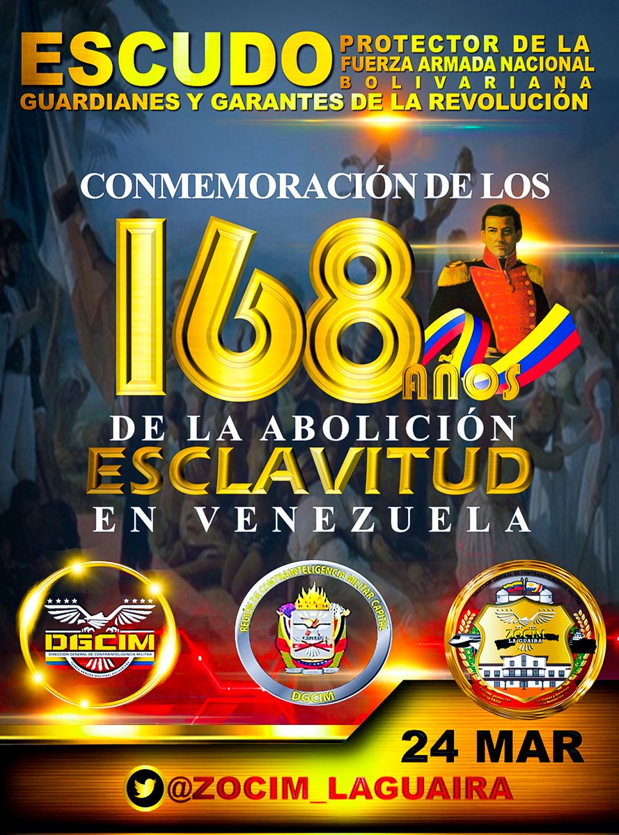 En la @ZOCIM_LAGUAIRA Conmemoramos los 168 años de la Abolición de la Esclavitud en Venezuela por el benemérito General José Gregorio Monagas en 1854.
#EliminatoriasSudamericanas 
#24Mar #VenAVenezuela #YoCreoEnVenezuela
