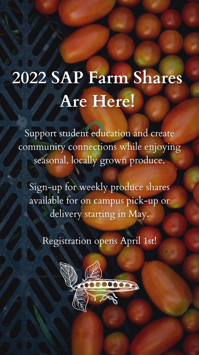 gvsusap's tweet photo. Registration for 2022 SAP Farm Shares opens on April 1st! Support student learning and enjoy fresh, sustainably grown produce from the SAP! Sign-up to receive weekly shares available for on-campus pick up or delivery starting in May 🤝🍅🥬 https://t.co/cWrmtPZua5