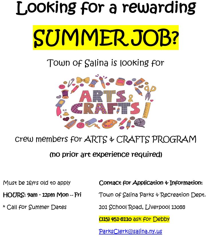 TownofSalina's tweet photo. #TownofSalina is looking for summer staff for the Arts &amp; Crafts Program!! Contact Debby at the Parks Dept. (315)451-8110 or email at:  ParksClerk@salina.ny.us https://t.co/WnVQLTPjTj