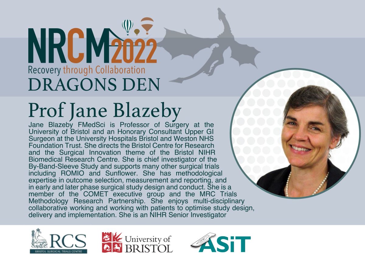 NRCM 2022 (@nrcm2022) on Twitter photo Prof Jane Blazeby is a professor of surgery in <a href="/BristolUni/">University of Bristol</a> and the director of the Bristol Centre for Surgical Research @CSR_Bris
We are very excited to host <a href="/BlazebyJ/">Jane Blazeby</a> and the rest of our panel of Dragons on the 28th March! Register: app.medall.org/event-listings⦠#NRCM2022 Prof Jane Blazeby is a professor of surgery in <a href="/BristolUni/">University of Bristol</a> and the director of the Bristol Centre for Surgical Research @CSR_Bris
We are very excited to host <a href="/BlazebyJ/">Jane Blazeby</a> and the rest of our panel of Dragons on the 28th March! Register: app.medall.org/event-listings⦠#NRCM2022