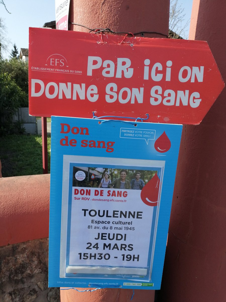 Aujourd'hui don du sang à Toulenne. Après plusieurs années où je n'ai pas pris le temps, je vais essayer de m'y astreindre plus régulièrement. Parce que ça ne prend qu'une heure et que ça peut aider à sauver des vies ! 😎 <a href="/EFS_dondesang/">Établissement français du sang</a>