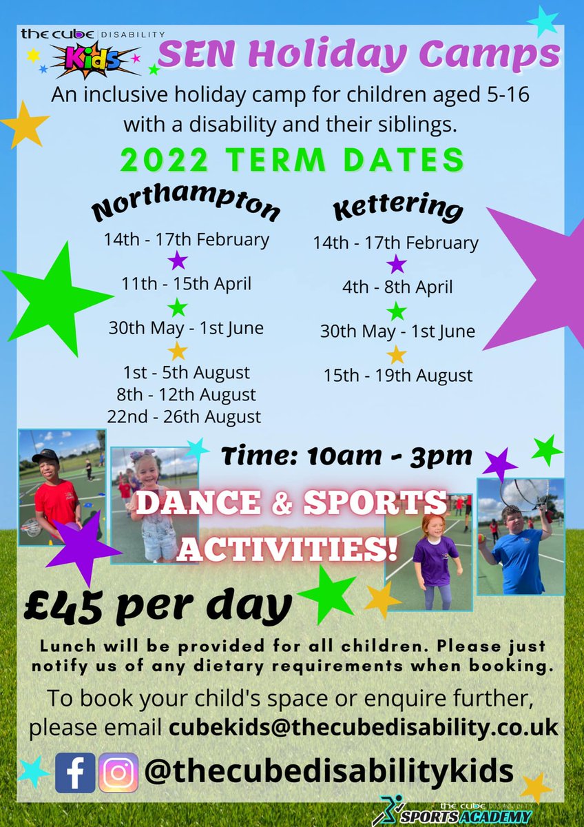 The @CubeDisability are delivering dance/sport themed holiday camps for disabled children aged 5-16 & their siblings this Easter. The camps will take place in Kettering & Northampton. For more information & to book places please email cubekids@thecubedisability.co.uk @LONorthants