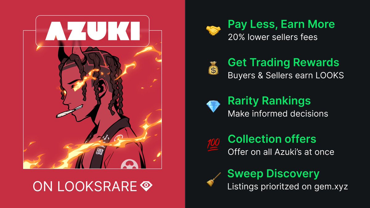 If your @AzukiZen isn’t listed on LooksRare, you might want to consider it.

Even listed at the same price on OS, you’ll save ETH on fees and earn $LOOKS. 

Your LooksRare listing will also be prioritised on <a href="/gemxyz/">Gem.xyz is now OpenSea Pro</a>.

⛩ looksrare.org/collections/0x…