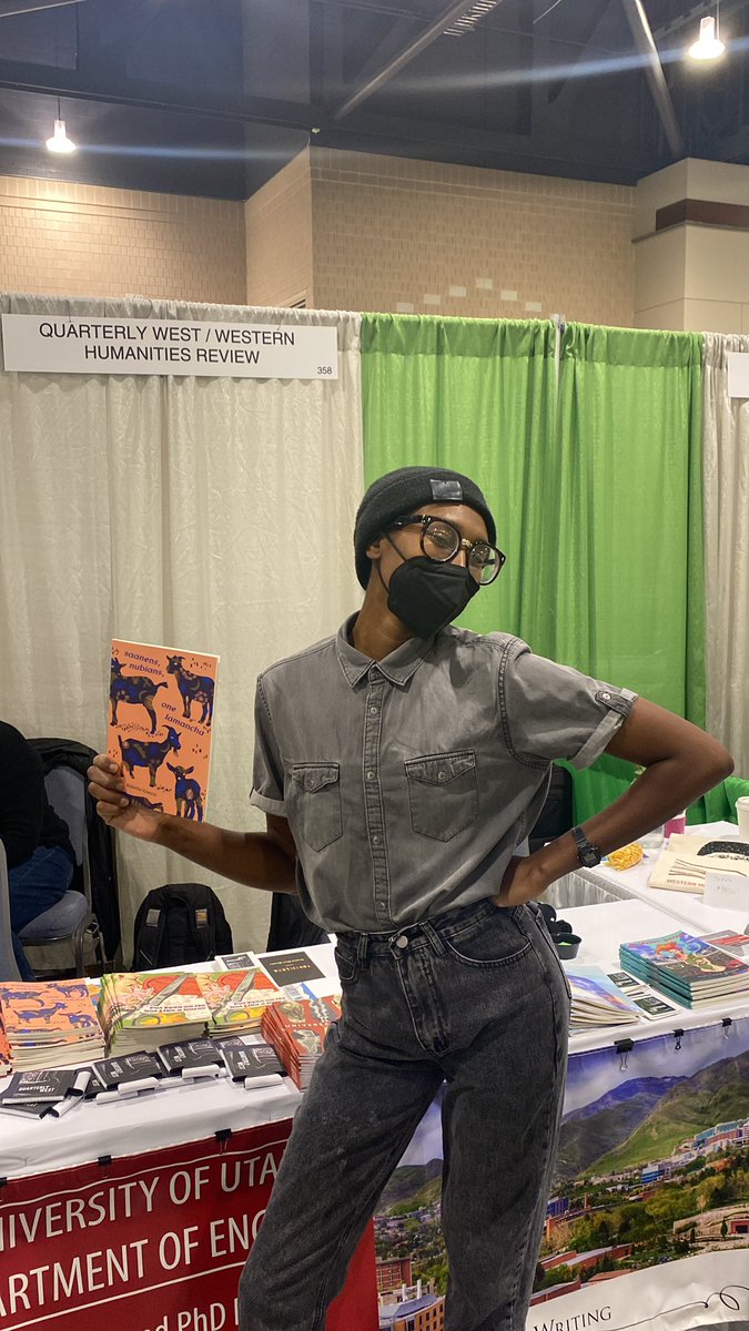 QuarterlyWest's tweet image. Our 2021 chapbook contest winner Mukethe Kawinzi is at the QW booth ready to sign copies of her beautiful book for y’all! Come on over to booth 358 to get your copy! #AWP22