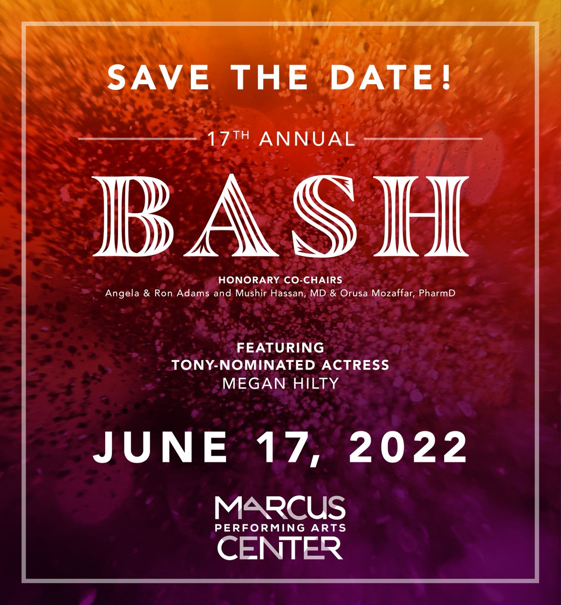 Marcus Performing Arts Center (@marcuscenter) on Twitter photo Save the date for Marcus Performing Arts Center's 17th Annual BASH! It will be an exciting night filled with great food, fundraising, & an exclusive performance from acclaimed Broadway favorite & Tony Award® Nominee <a href="/meganhilty/">Megan Hilty</a>.
Learn more at MarcusCenter.org/bash Save the date for Marcus Performing Arts Center's 17th Annual BASH! It will be an exciting night filled with great food, fundraising, & an exclusive performance from acclaimed Broadway favorite & Tony Award® Nominee <a href="/meganhilty/">Megan Hilty</a>.
Learn more at MarcusCenter.org/bash