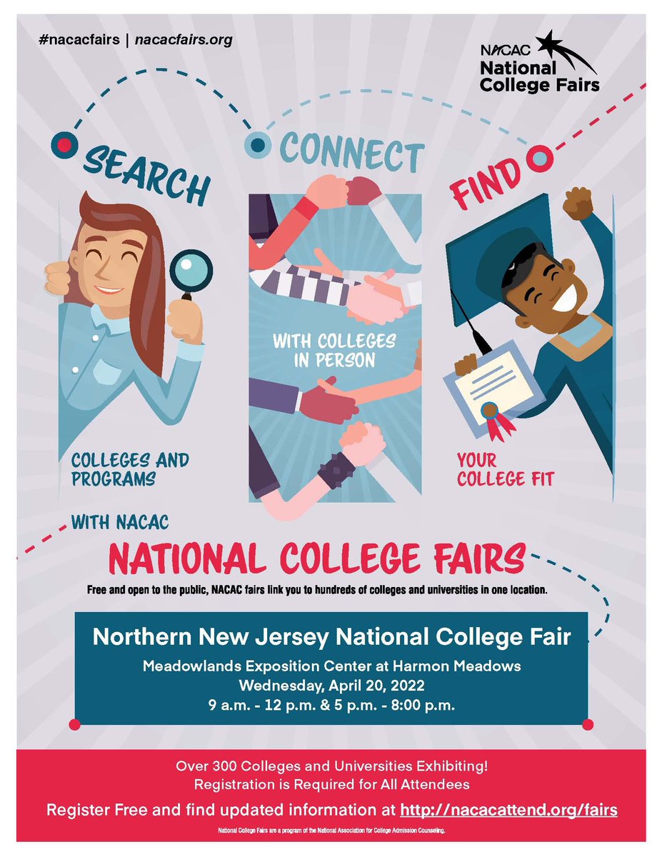 Don't miss the NJ National College Fair!  In person!   All welcome!  High school students, community college students looking to transfer, adults looking to go back to college!  Day &amp; evening sessions!  
Please share this with anyone who may be interested.