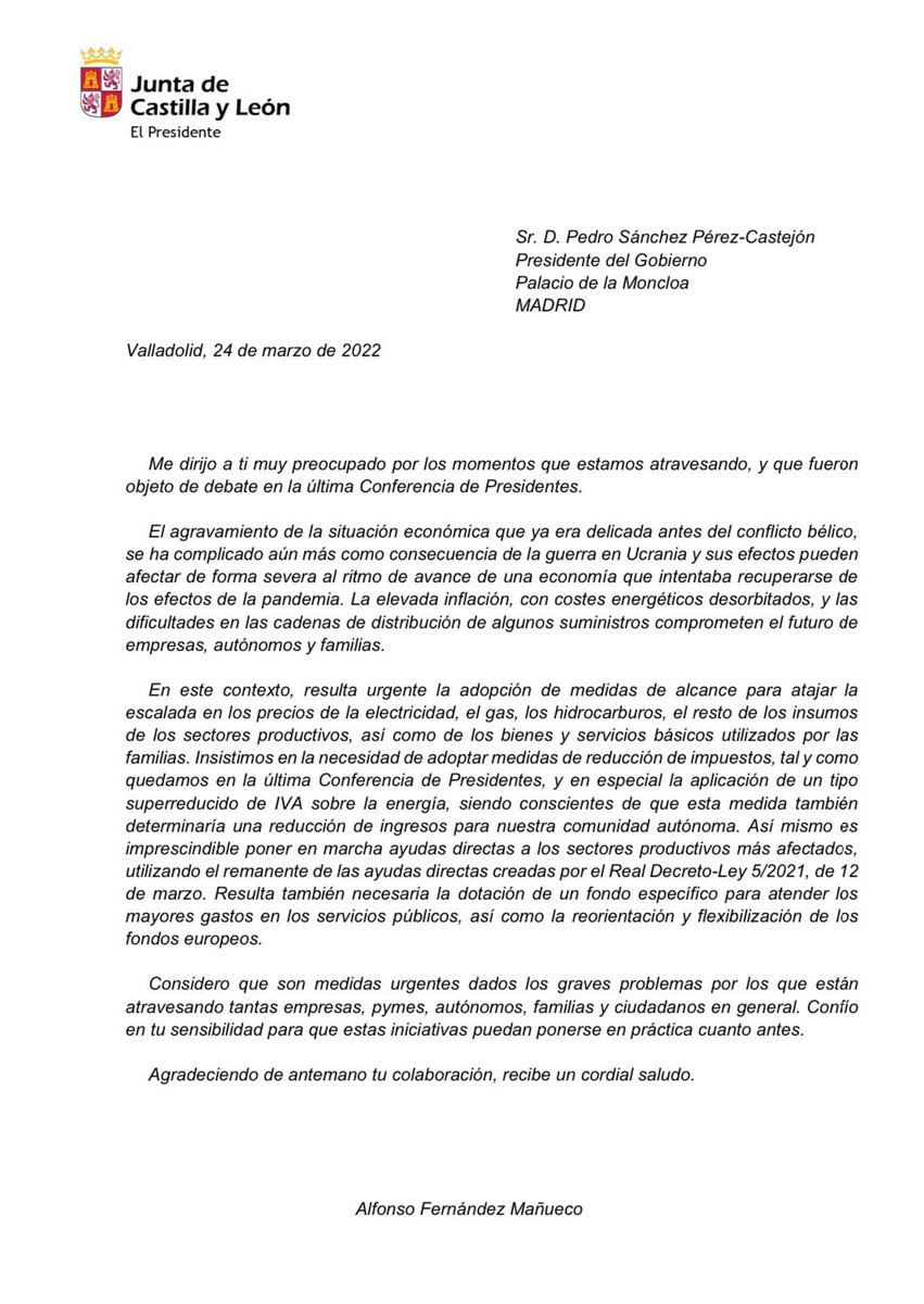 Hoy he remitido una carta al Presidente del Gobierno de España <a href="/sanchezcastejon/">Pedro Sánchez</a> para instarle a que tome medidas urgentes ante la escalada de precios. Las empresas, pymes, autónomos y familias no pueden esperar más.