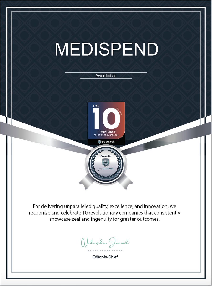 MediSpend's tweet image. MediSpend is proud to be named one of the Top 10 Compliance Solution Providers of 2022 by GRC Outlook. Read the article to learn more about how MediSpend empowers #lifescience organizations to make informed business decisions and mitigate #compliance risk: bit.ly/3ICfXWu