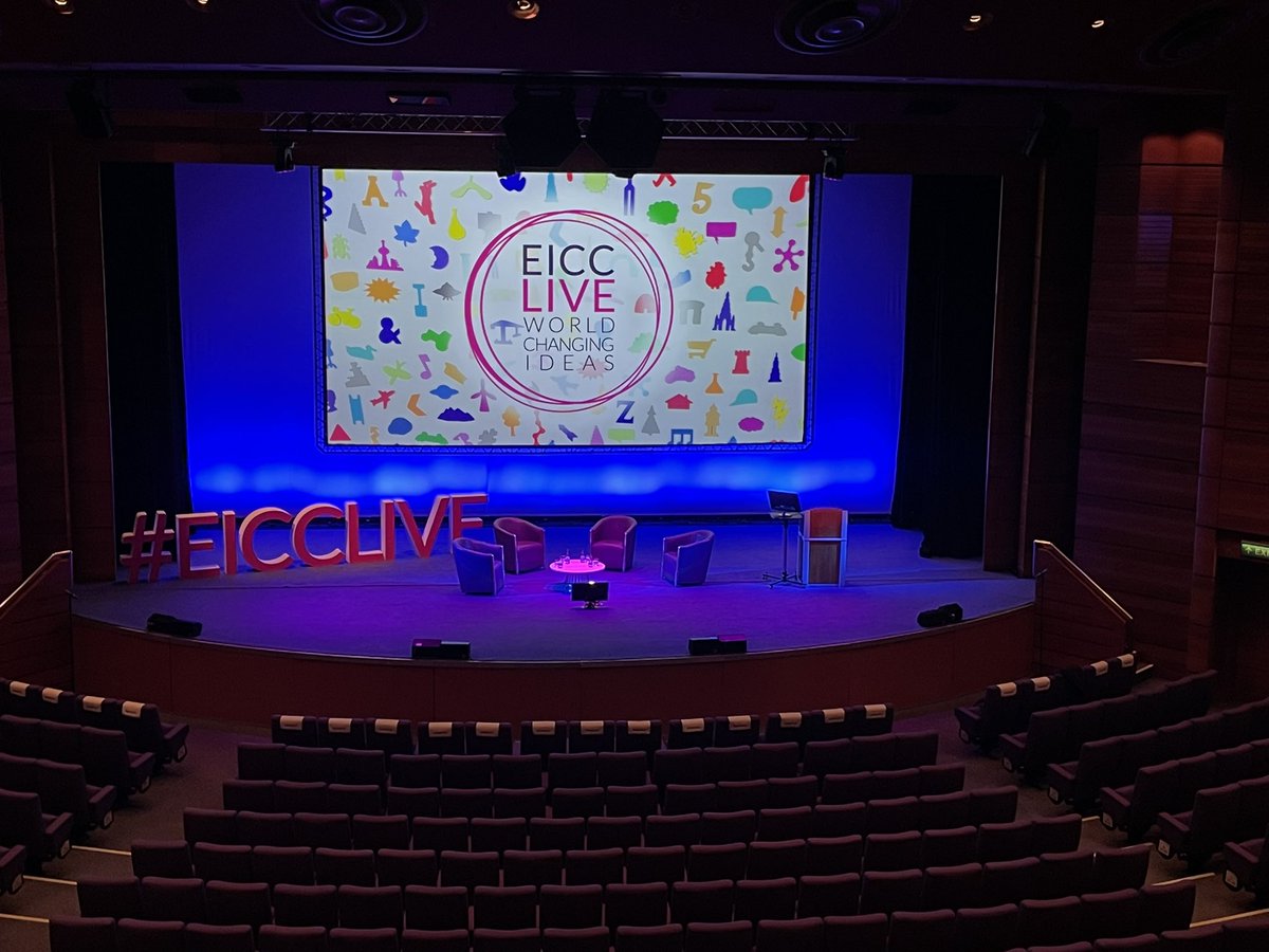 eicc's tweet photo. The stage is set and we’re all ready to welcome our audience for the first #EICCLive talk this year: #BeautifulBrain with guest speakers @JamesPBoardman, @heathersibley99 and @hil_richardson from @EdinburghUni https://t.co/SCamFke7Bj