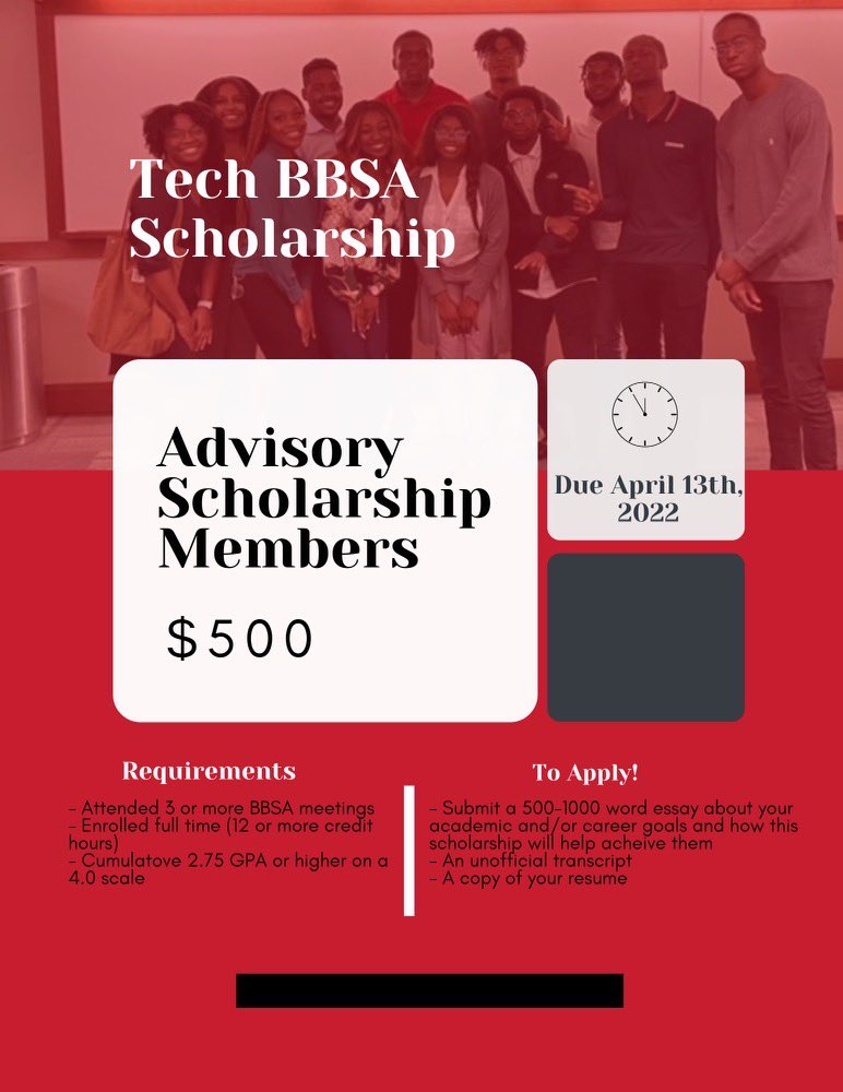 Texas Tech BBSA (@ttu_bbsa) on Twitter photo Do you meet all the requirements for the BBSA Scholarship? We are now taking applications! All submissions must be sent to our email: ttubbsaboard@gmail.com
make sure the subject line states “Scholarship Admission”
#TTUBBSA4U Do you meet all the requirements for the BBSA Scholarship? We are now taking applications! All submissions must be sent to our email: ttubbsaboard@gmail.com
make sure the subject line states “Scholarship Admission”
#TTUBBSA4U