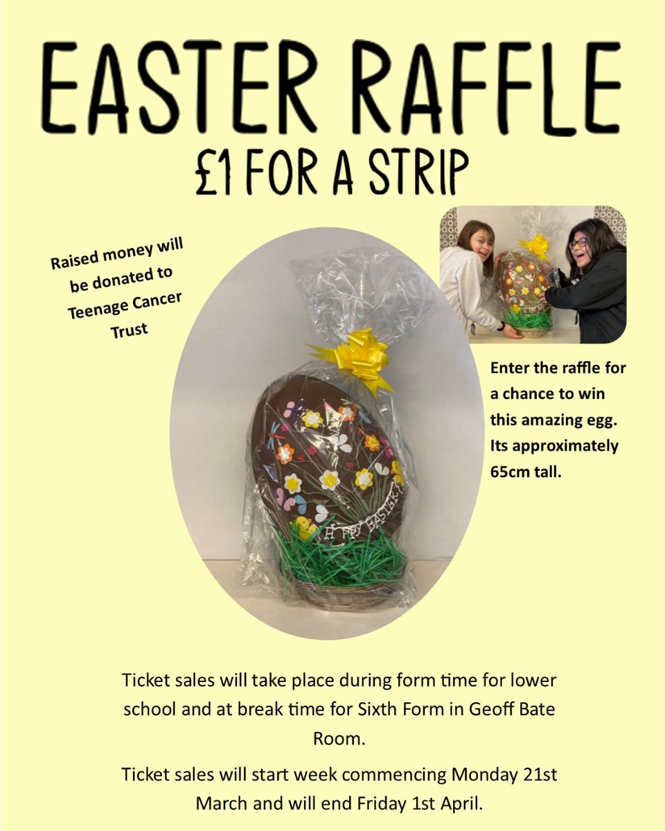 Our <a href="/CodsallSixth/">Codsall Sixth Form</a> are raffling off this huge Easter egg to raise money for <a href="/TeenageCancer/">Teenage Cancer Trust</a> Trust.Tickets are £1 a strip &amp; available in the Geoff Bate Room at break &amp; lunch until 01/04/22. The winner will be announced on 04/04/22 . Good luck!