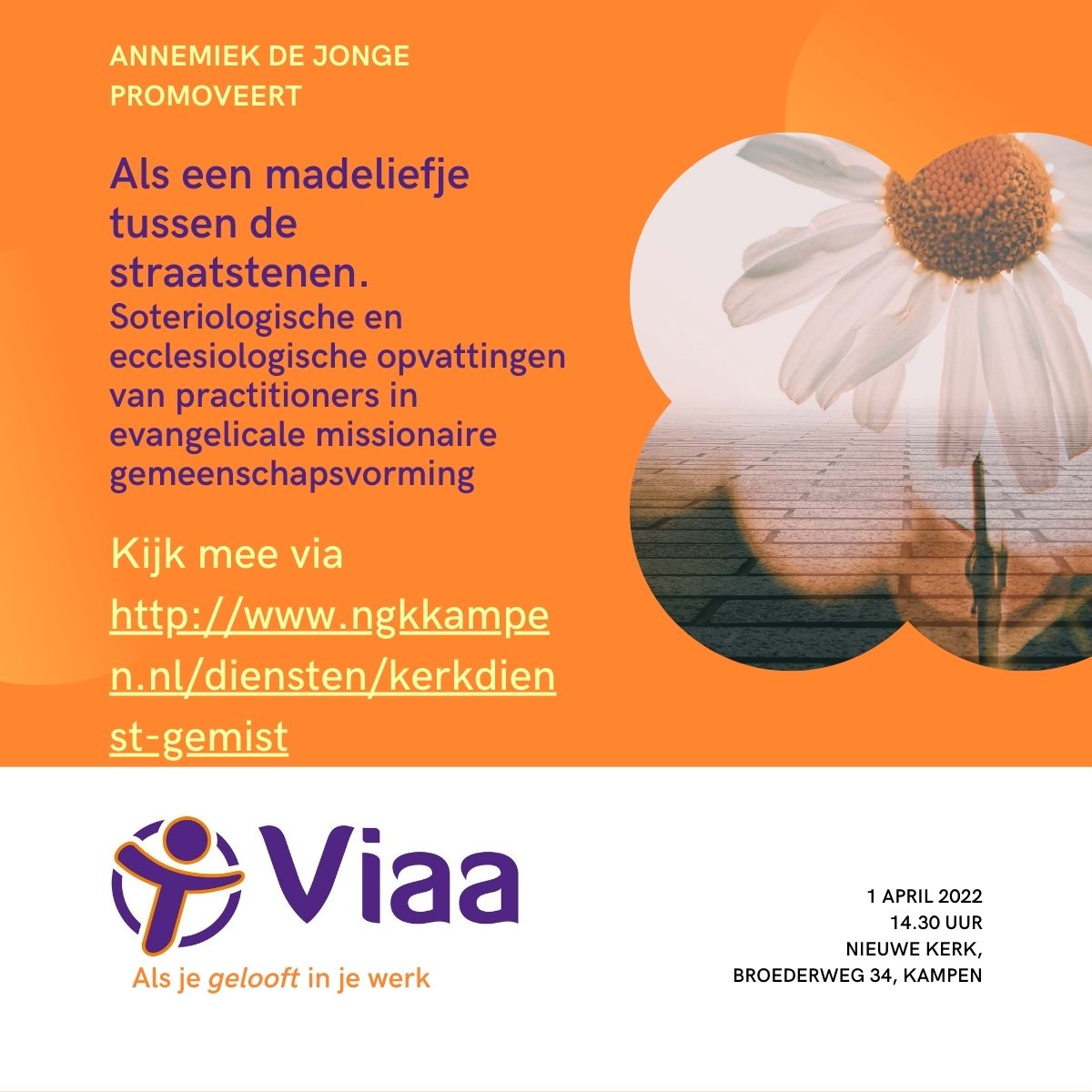 Op 1 april promoveert Annemiek de Jonge, o.a. onderzoeker bij het lectoraat Zorg en Zingeving, aan de TUKampen.
In haar onderzoek draait het om soteriologische en ecclesiologische opvattingen van practitioners in twee praktijken van missionaire gemeenschapsvorming.