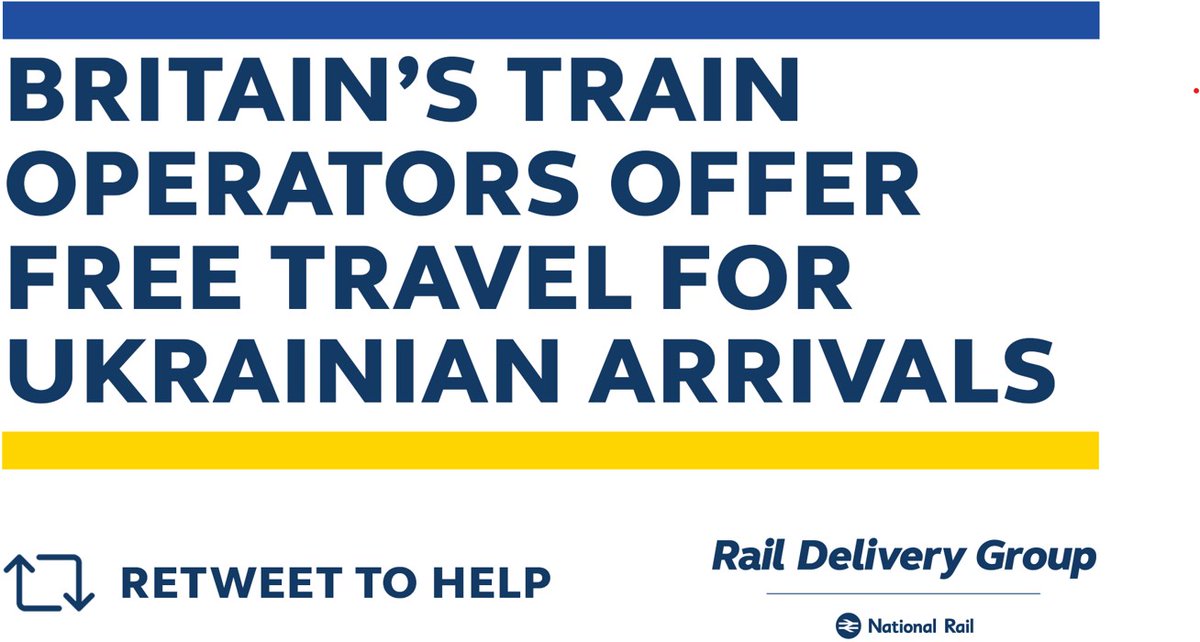 📢 Britain’s train operators will provide free onward travel for 🇺🇦 Ukrainian refugees who arrive in the UK. Retweet to spread awareness of the scheme to help those in need 🔁. nationalrail.co.uk/ukraine