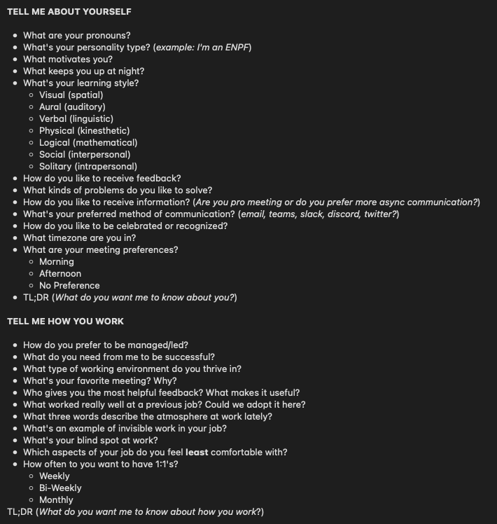 ashleymcnamara's tweet photo. @the_thagomizer @lara_hogan One of the most powerful things I've done as a manager, beyond reading &amp; training is create a "get to know you" survey. 

Here are the questions I ask. https://t.co/akc7aWOQE9