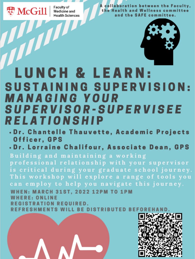 A reminder about this month’s <a href="/mcgillu/">McGill University</a> <a href="/McGillMed/">McGill Medicine and Health Sciences</a> Lunch &amp; Learn Workshop: Sustaining Supervision and Managing Supervisor-Supervisee Relationships on March 31st 12 PM via Zoom (see registration details using QR code) <a href="/akryan6/">Aimee Ryan</a> <a href="/KimberlyGJohn/">Kimberly John</a> <a href="/jenn_chen_/">Jenn Chen</a> <a href="/McgillSafe/">McGill SAFE Committee</a>