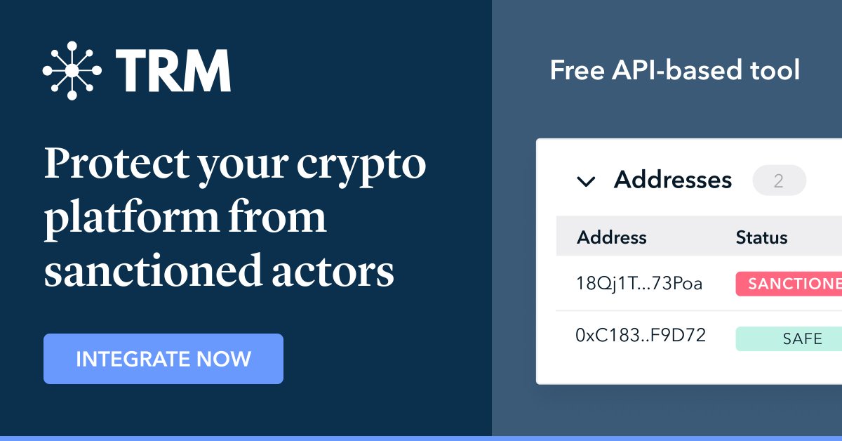 trmlabs's tweet photo. TRM’s mission is to build a safer financial system for billions of people. 

In service of that mission, we built a free tool that empowers crypto platforms to detect exposure to sanctioned crypto addresses in real time. 🟢 The API is live — try it here: https://t.co/tbK8BF2Bk1 https://t.co/rT71rdVrD8