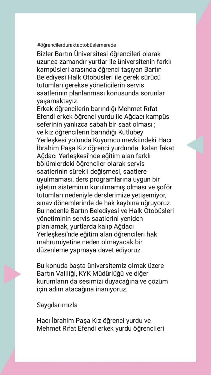 aligorkemince (@tompinkpanda) on Twitter photo #öğrencilerduraktaotobüslernerede <a href="/bartinbld/">Bartın Belediyesi</a>
<a href="/tcbartinvalilik/">T.C. Bartın Valiliği</a>
@bartinedu
@BUOgrenciKonsey
<a href="/74cemalakin/">CEMAL AKIN</a>
<a href="/uzun_orhan/">ORHAN UZUN</a>
<a href="/yilmaztunc/">Yılmaz TUNÇ</a>
<a href="/AysuBankoglu/">Av. Aysu Bankoğlu</a> #öğrencilerduraktaotobüslernerede <a href="/bartinbld/">Bartın Belediyesi</a>
<a href="/tcbartinvalilik/">T.C. Bartın Valiliği</a>
@bartinedu
@BUOgrenciKonsey
<a href="/74cemalakin/">CEMAL AKIN</a>
<a href="/uzun_orhan/">ORHAN UZUN</a>
<a href="/yilmaztunc/">Yılmaz TUNÇ</a>
<a href="/AysuBankoglu/">Av. Aysu Bankoğlu</a>