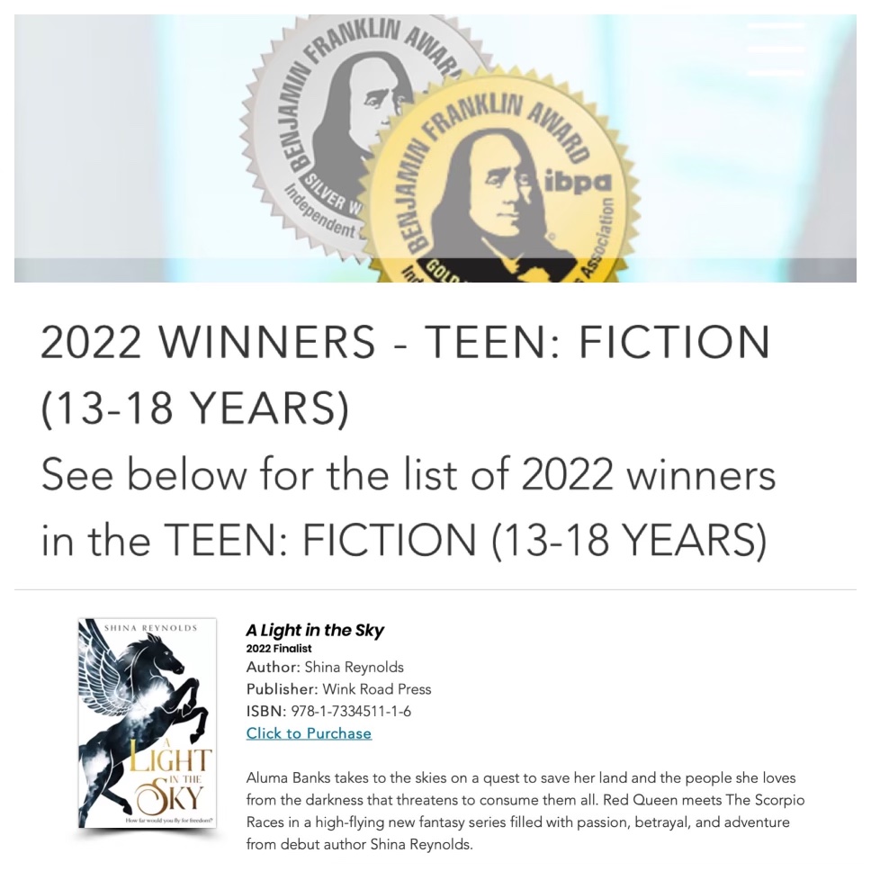Absolutely beyond excited and honored that A LIGHT IN THE SKY is a finalist in the teen fiction category for an <a href="/ibpa/">IBPA</a> Benjamin Franklin Award. Thank you to all of the wonderful people who have worked on, believed in, and supported ALITS! ⁣