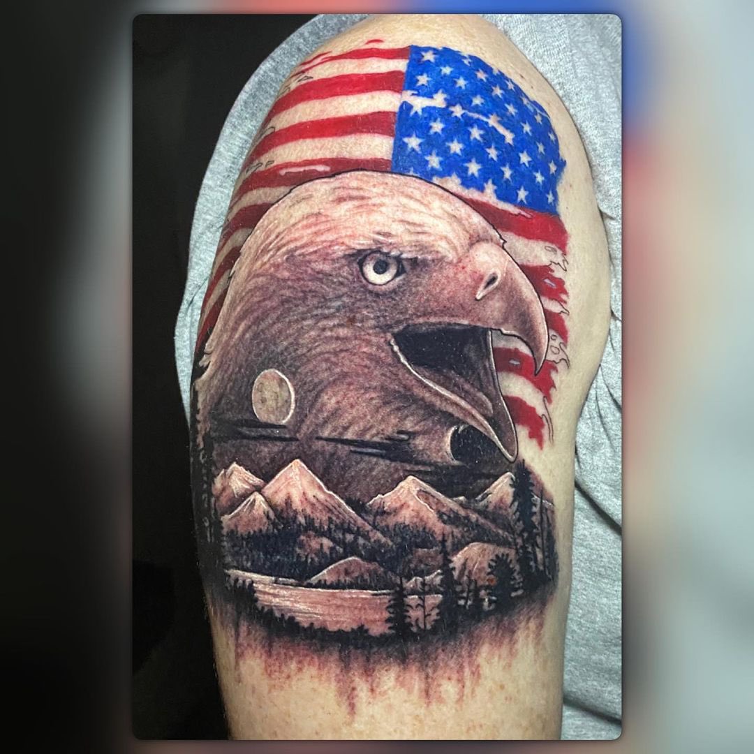 Amazing patriotic memorial tattoo by Leah Pinkerton. Her rich colors and  attention to detail really tell a story. #patriotic #patriotictattoo #tattoo  #tattoos #tattooartist #tattooistartmag #prophetsandpoets  #sullenartcollective #the_inkmasters ..., image size:1080x1080