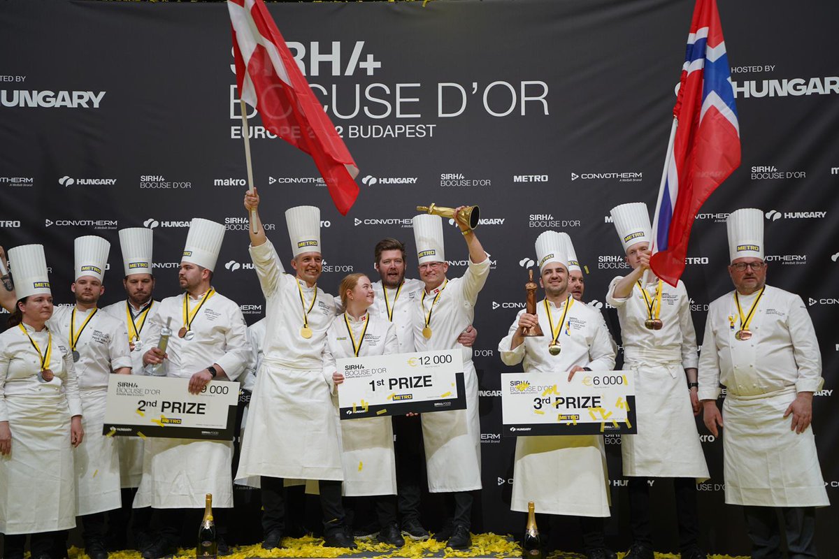 Bocusedor's tweet image. The Bocuse d'Or Europe 2022 podium! 
🥇DENMARK 
🥈HUNGARY 
🥉NORWAY
Congratulations to the teams!!

#BocusedOrEurope2022 #RoadToBudapest #Budapest #Hungary