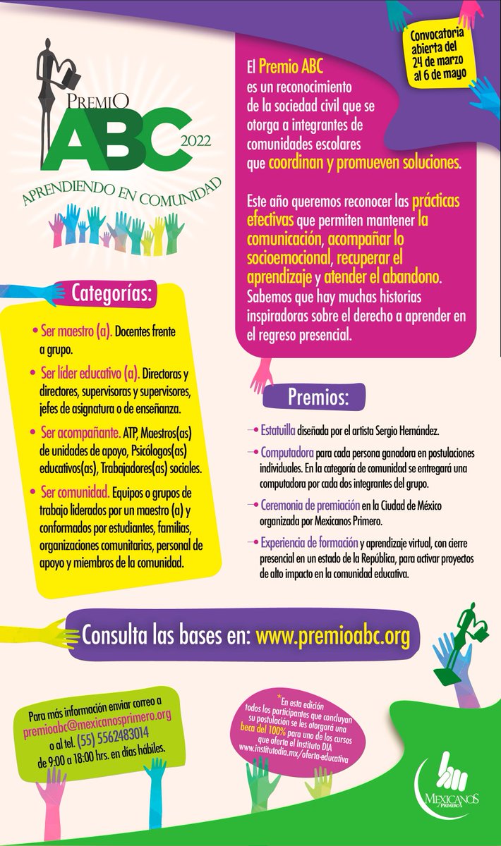 Abrimos la convocatoria de la edición 2022 del #PremioABC Aprendiendo en Comunidad. 

Consulta las bases en premioabc.org y forma parte de la comunidad de docentes, familias y estudiantes que buscan una transformación educativa en México. Cierra el 6 de mayo.